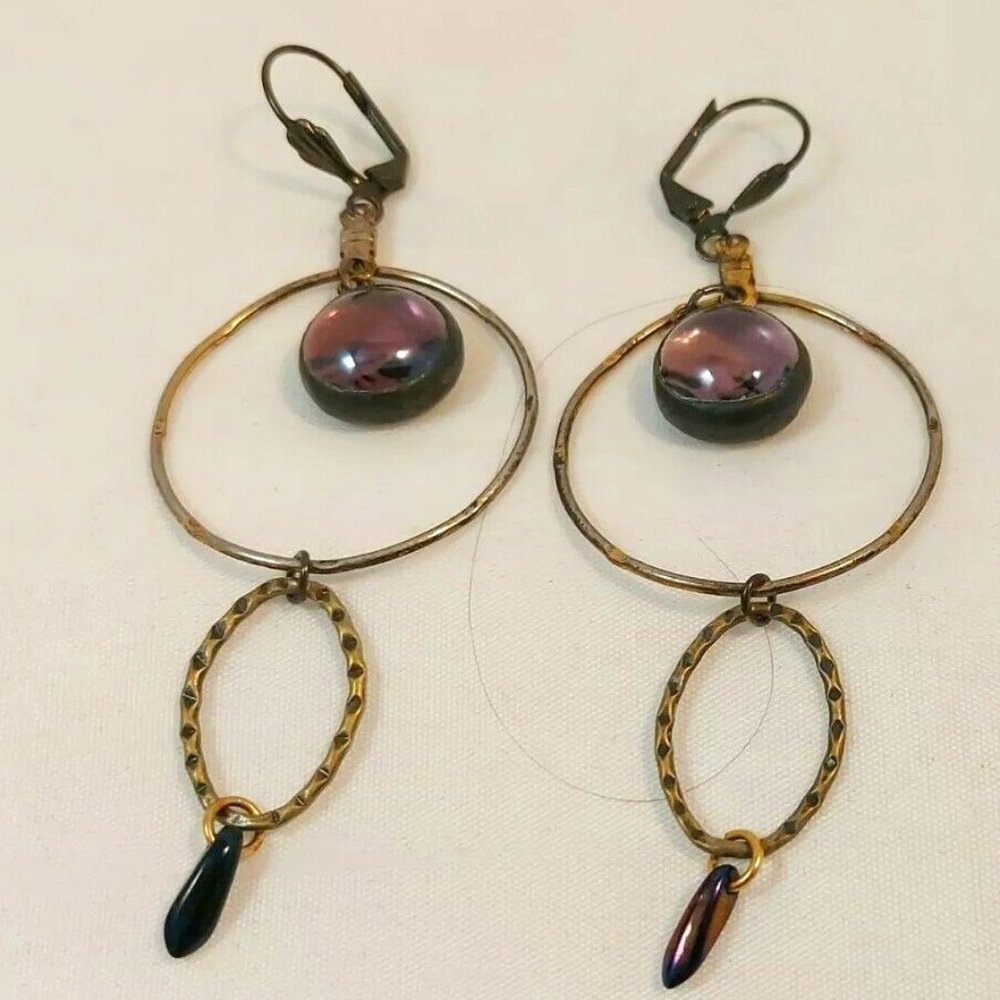Vintage double hoop dangle earrings, glass center bead and opalescent teardrop b